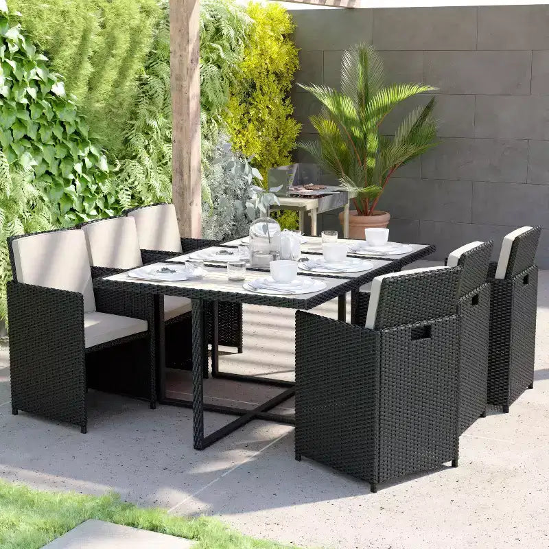 Flash Furniture Peregrine, ensemble de salle à manger d'extérieur 7 pièces, chaises modulaires en osier peu encombrantes, coussins et plateau de table en bois d'acacia