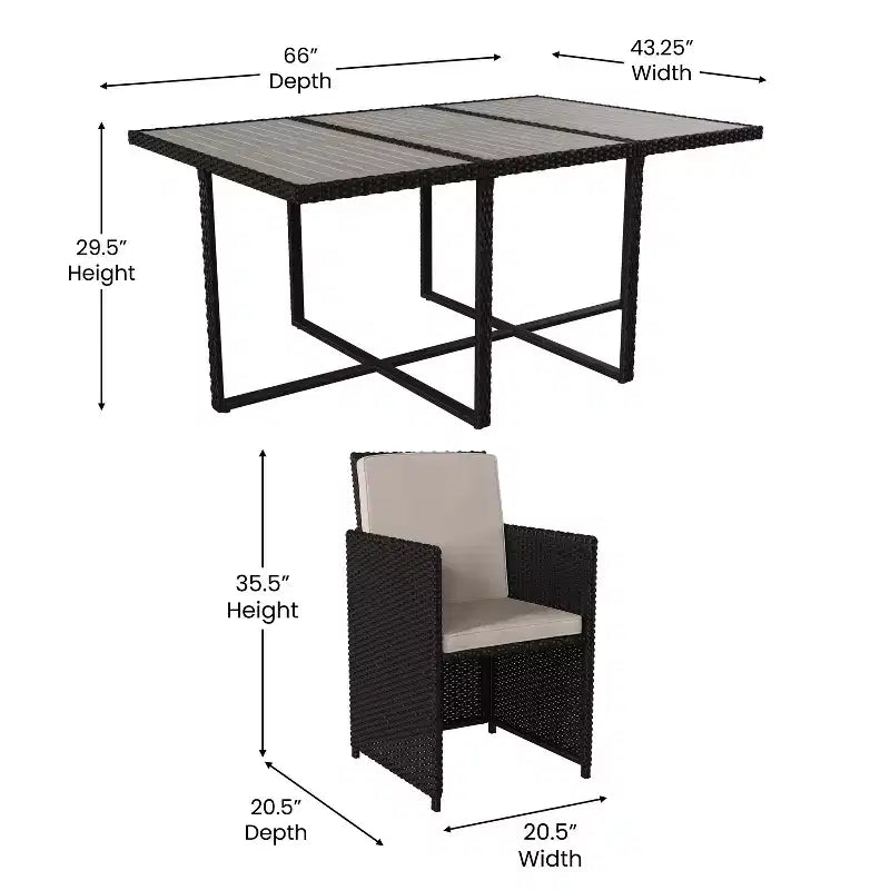 Flash Furniture Peregrine, ensemble de salle à manger d'extérieur 7 pièces, chaises modulaires en osier peu encombrantes, coussins et plateau de table en bois d'acacia