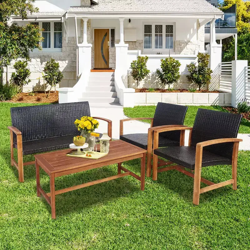 Costway Salon de Jardin 4 Pièces en Rotin pour Extérieur, Cadre en Bois d'Acacia, Canapé et Causeuse