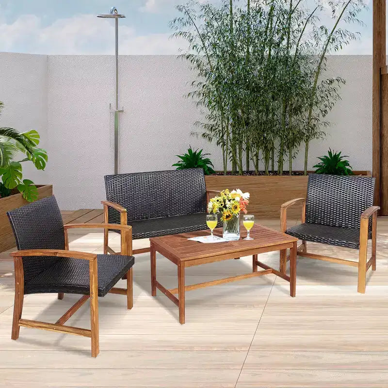Costway Salon de Jardin 4 Pièces en Rotin pour Extérieur, Cadre en Bois d'Acacia, Canapé et Causeuse
