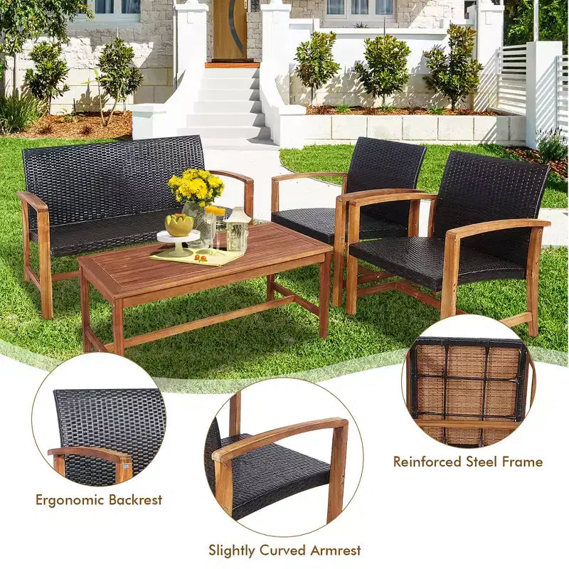 Costway Salon de Jardin 4 Pièces en Rotin pour Extérieur, Cadre en Bois d'Acacia, Canapé et Causeuse