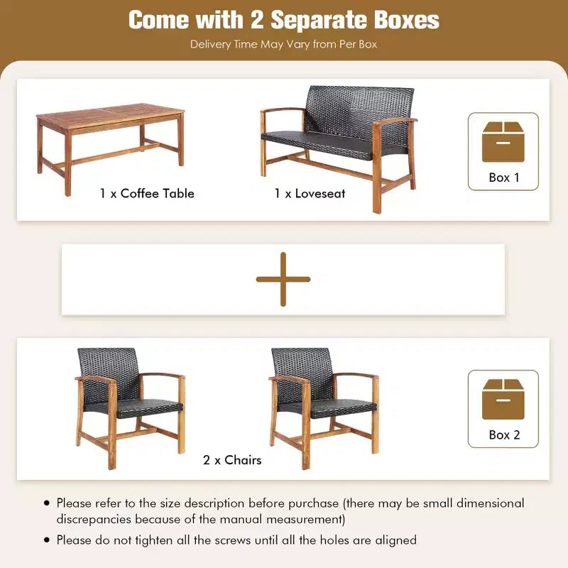 Costway Salon de Jardin 4 Pièces en Rotin pour Extérieur, Cadre en Bois d'Acacia, Canapé et Causeuse