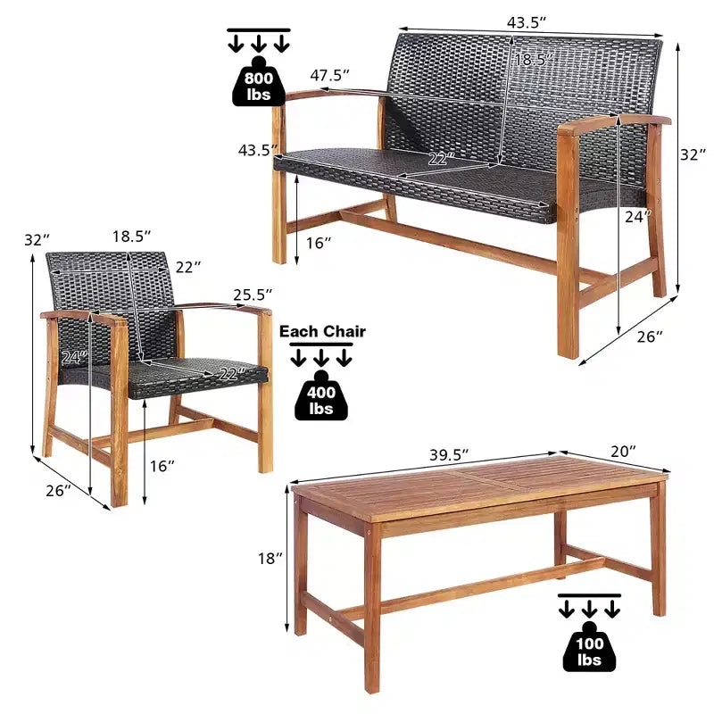 Costway Salon de Jardin 4 Pièces en Rotin pour Extérieur, Cadre en Bois d'Acacia, Canapé et Causeuse