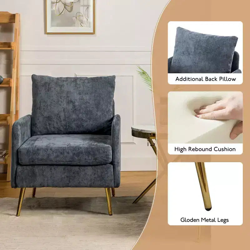 Fauteuil d'appoint rembourré en bois Giovann Fauteuil confortable pour salon et chambre à coucher avec pieds en métal | Karat Home-NAVY