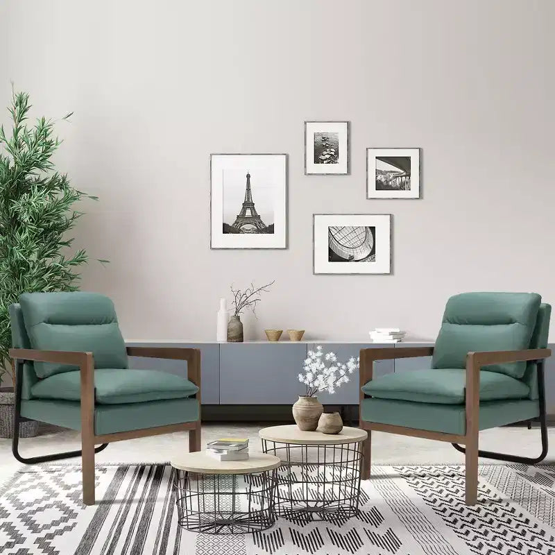 Costway Lot de 2 fauteuils d'appoint modernes avec pieds en bois et support en acier jaune/bleu/vert
