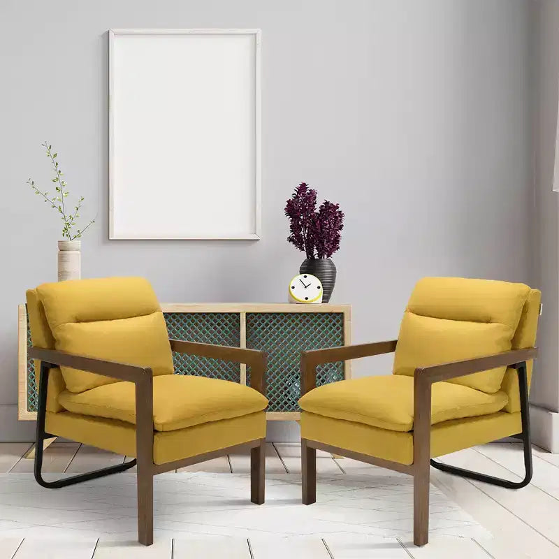 Costway Lot de 2 fauteuils d'appoint modernes avec pieds en bois et support en acier jaune/bleu/vert