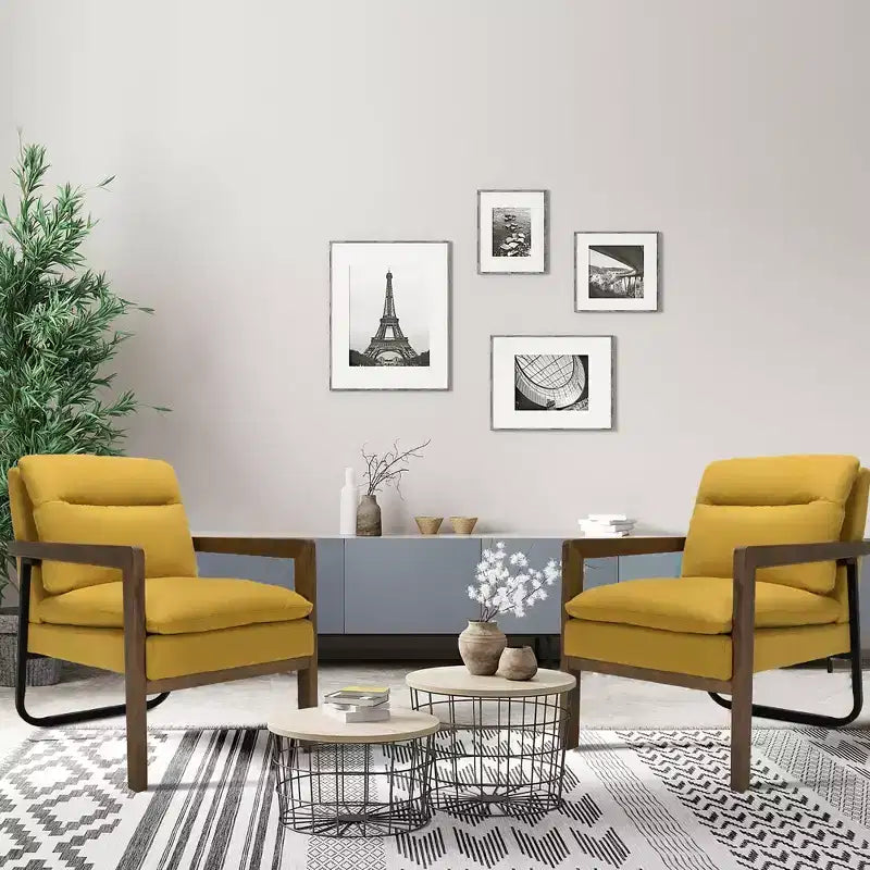 Costway Lot de 2 fauteuils d'appoint modernes avec pieds en bois et support en acier jaune/bleu/vert
