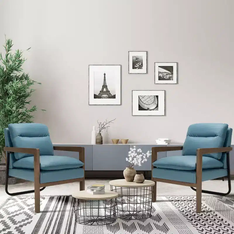Costway Lot de 2 fauteuils d'appoint modernes avec pieds en bois et support en acier jaune/bleu/vert