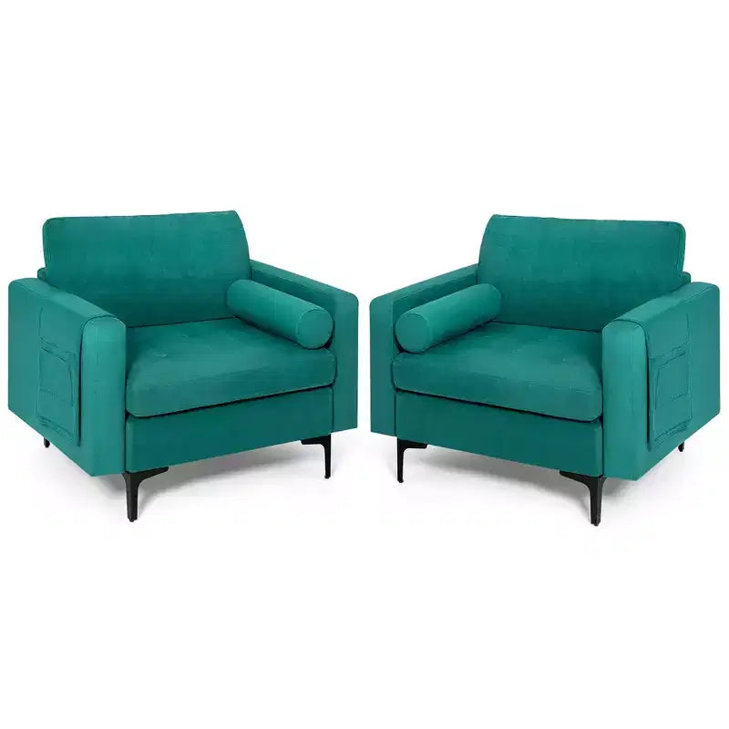 Costway Set of 2 Accent Armchair Single Sofa w/ Bolster Side Storage Pocket Teal