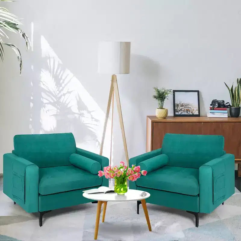 Costway Set of 2 Accent Armchair Single Sofa w/ Bolster Side Storage Pocket Teal