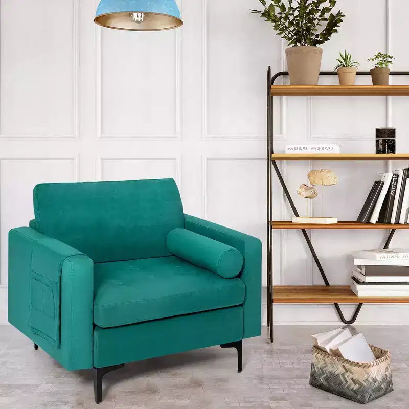 Costway Set of 2 Accent Armchair Single Sofa w/ Bolster Side Storage Pocket Teal