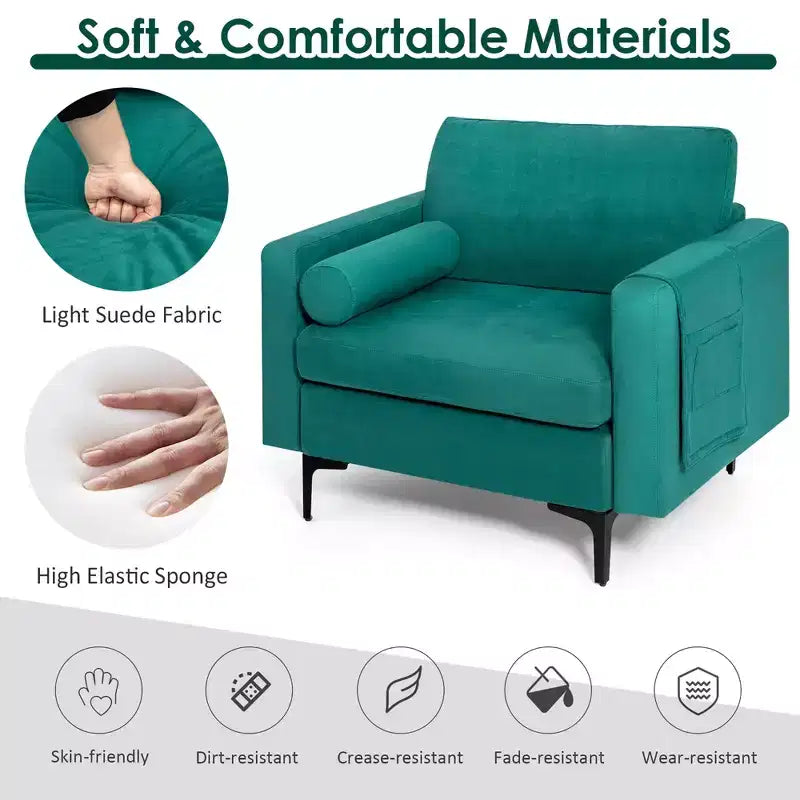 Costway Set of 2 Accent Armchair Single Sofa w/ Bolster Side Storage Pocket Teal