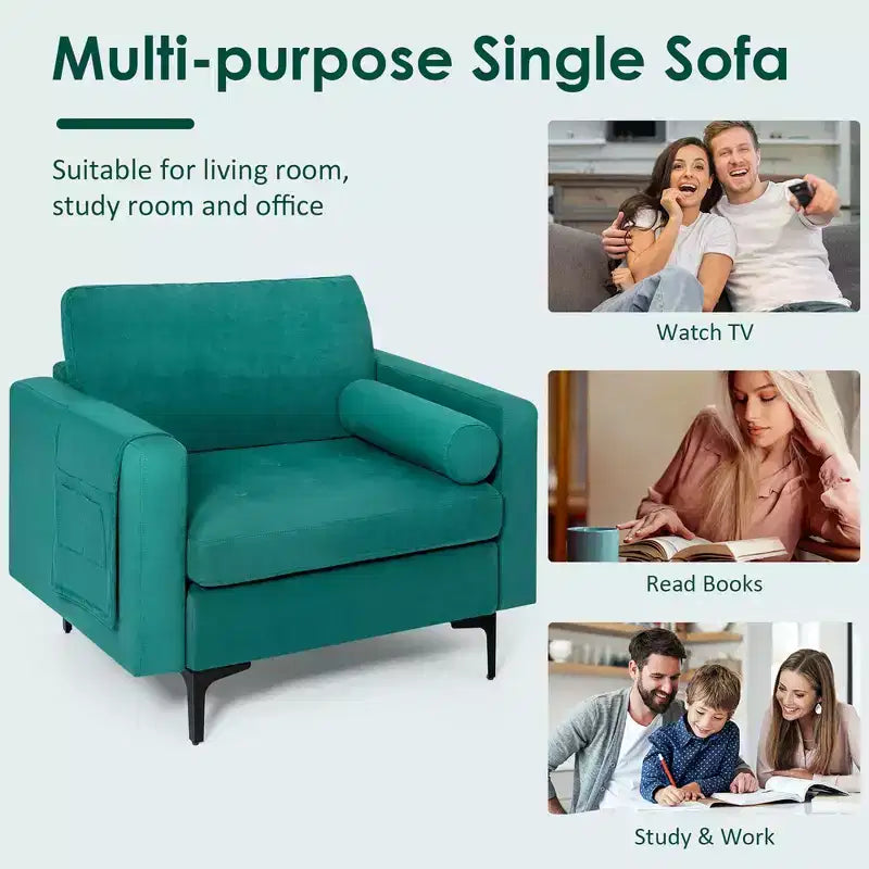 Costway Set of 2 Accent Armchair Single Sofa w/ Bolster Side Storage Pocket Teal