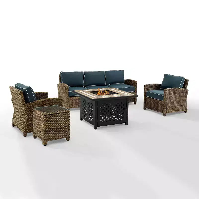 Ensemble de conversation d'extérieur Bradenton 5 pièces en osier avec table de feu - Crosley