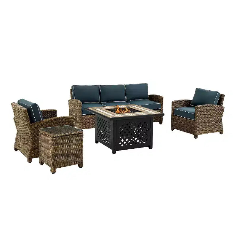 Ensemble de conversation d'extérieur Bradenton 5 pièces en osier avec table de feu - Crosley