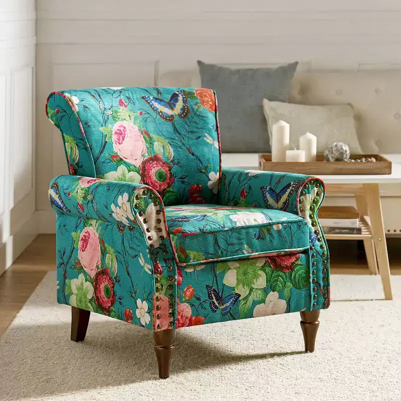 Araceli Traditional Wooden Upholstered Floral Armchair with Wingback and Nailhead Trim| ART OF LIVING DESIGNS