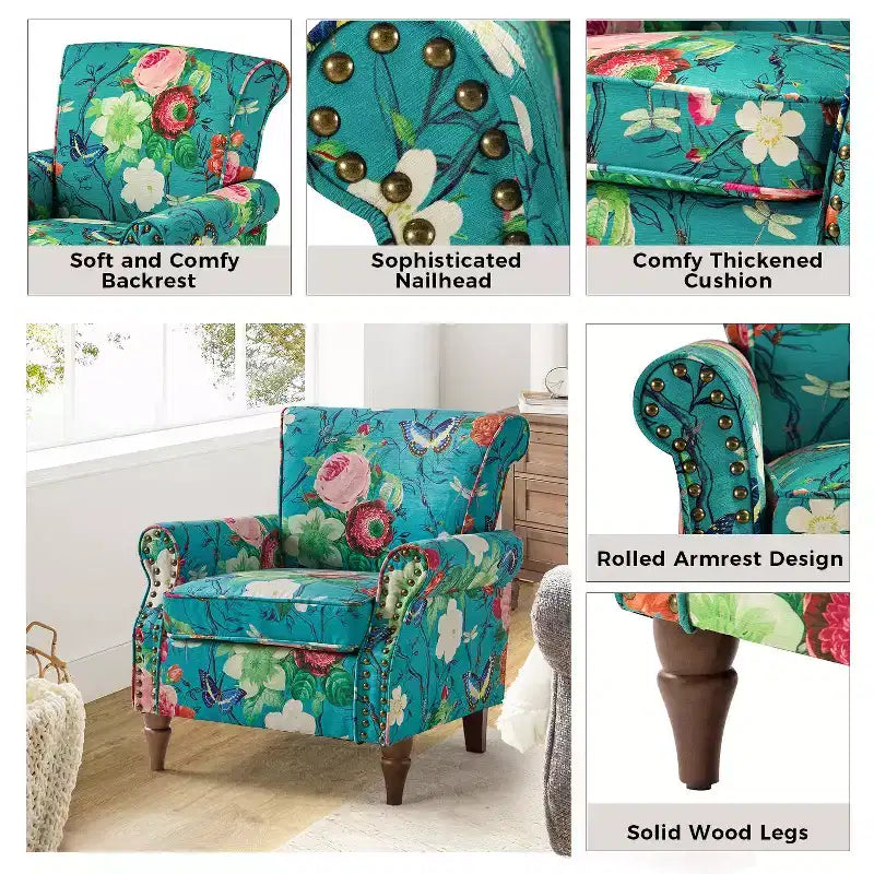 Araceli Traditional Wooden Upholstered Floral Armchair with Wingback and Nailhead Trim| ART OF LIVING DESIGNS