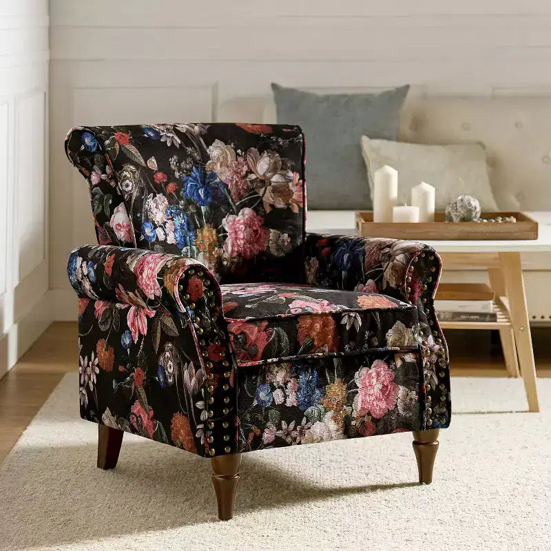Araceli Traditional Wooden Upholstered Floral Armchair with Wingback and Nailhead Trim| ART OF LIVING DESIGNS