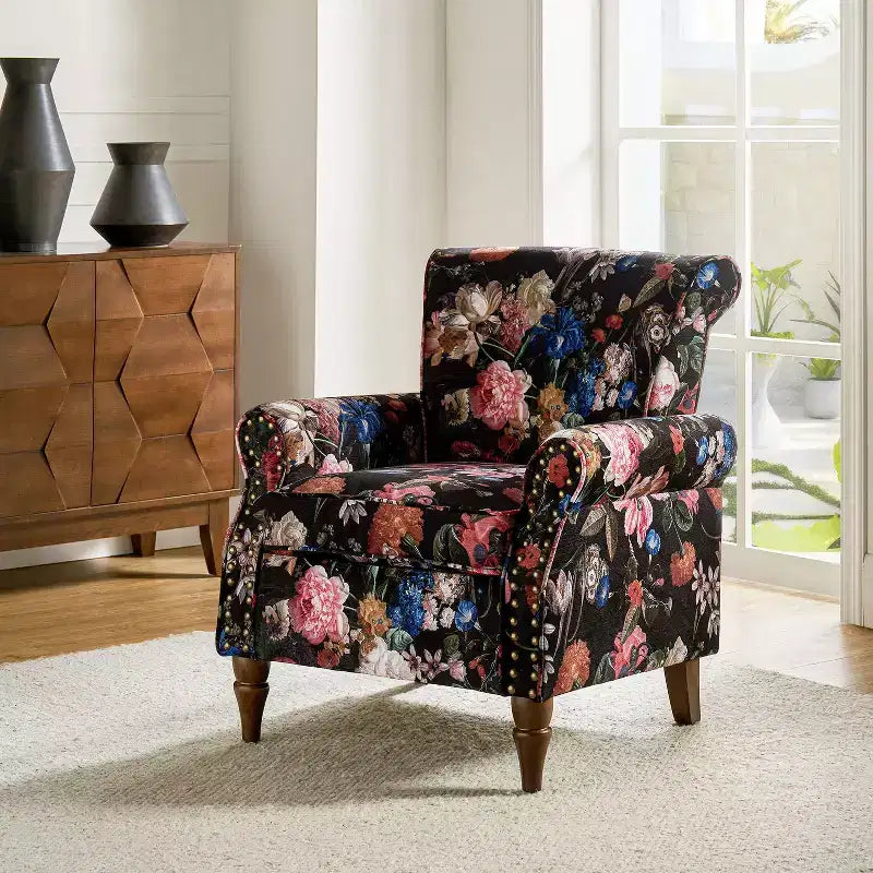 Araceli Traditional Wooden Upholstered Floral Armchair with Wingback and Nailhead Trim| ART OF LIVING DESIGNS