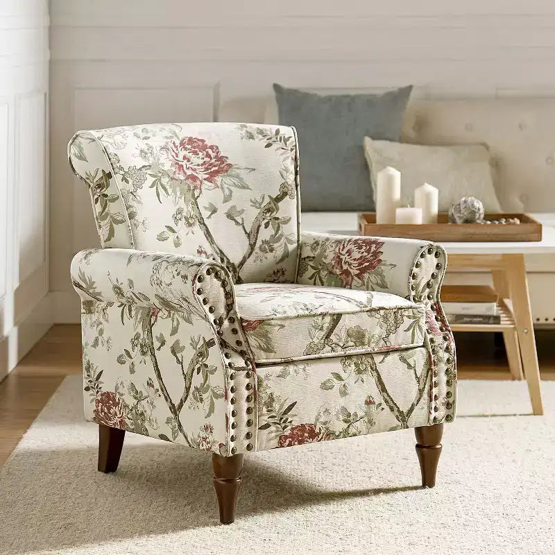 Araceli Traditional Wooden Upholstered Floral Armchair with Wingback and Nailhead Trim| ART OF LIVING DESIGNS