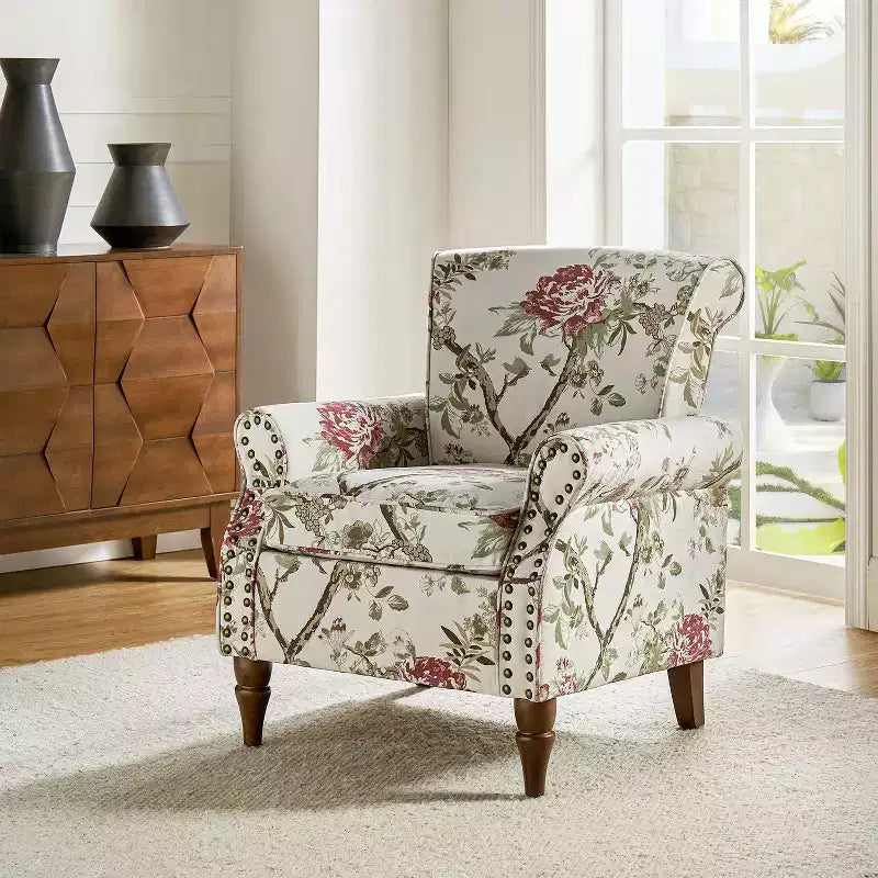 Araceli Traditional Wooden Upholstered Floral Armchair with Wingback and Nailhead Trim| ART OF LIVING DESIGNS