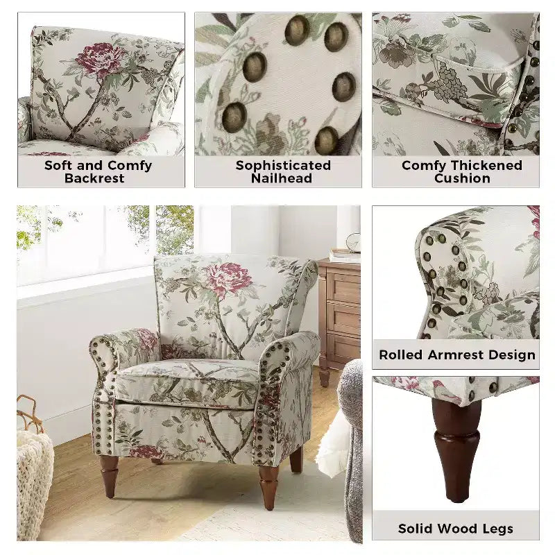 Araceli Traditional Wooden Upholstered Floral Armchair with Wingback and Nailhead Trim| ART OF LIVING DESIGNS