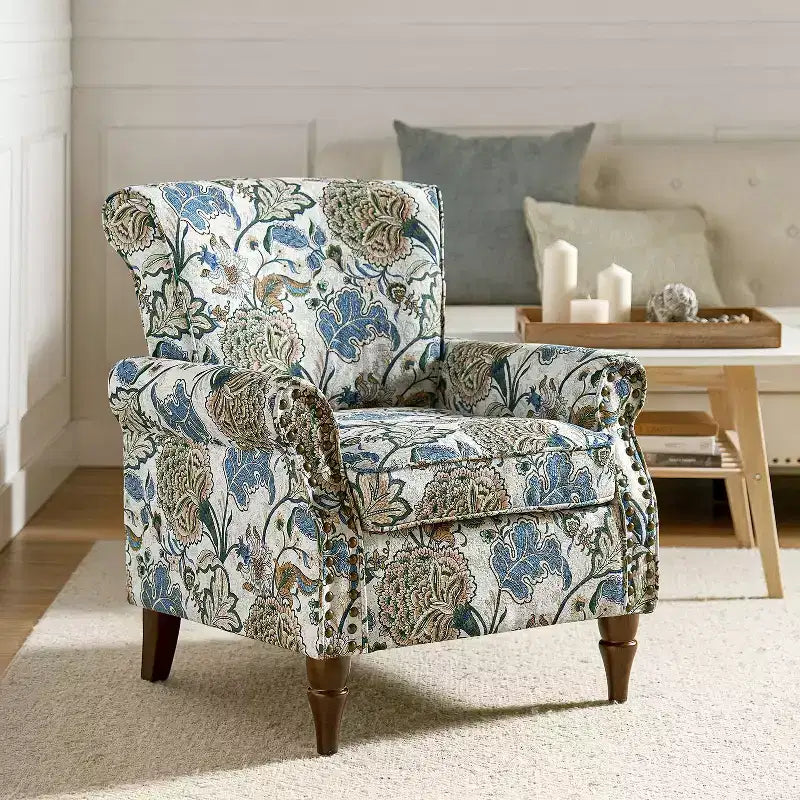 Araceli Traditional Wooden Upholstered Floral Armchair with Wingback and Nailhead Trim| ART OF LIVING DESIGNS