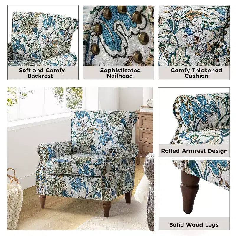 Araceli Traditional Wooden Upholstered Floral Armchair with Wingback and Nailhead Trim| ART OF LIVING DESIGNS