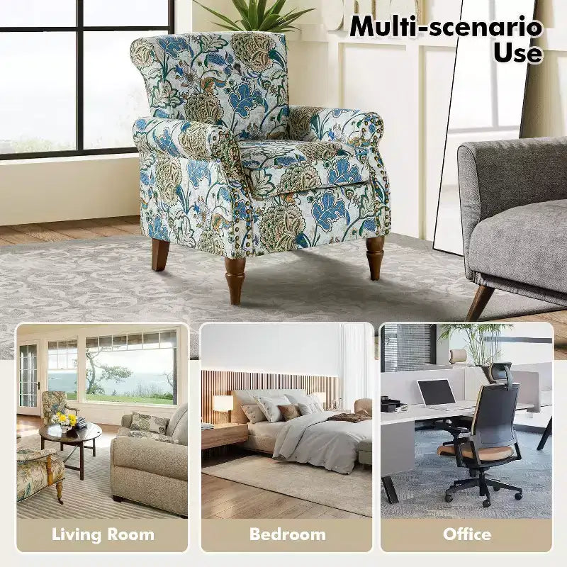 Araceli Traditional Wooden Upholstered Floral Armchair with Wingback and Nailhead Trim| ART OF LIVING DESIGNS