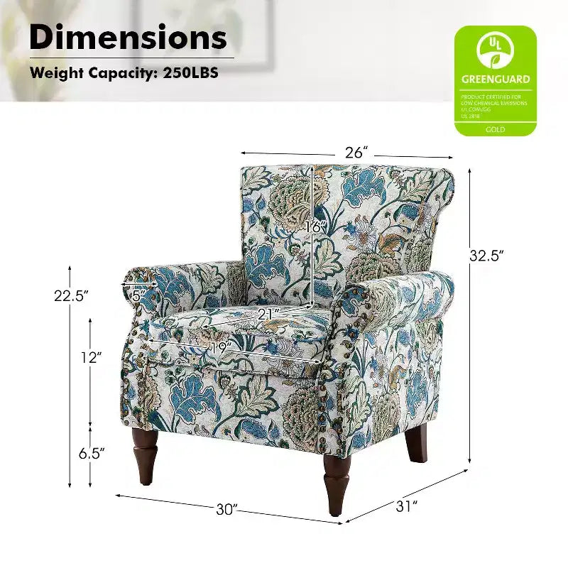Araceli Traditional Wooden Upholstered Floral Armchair with Wingback and Nailhead Trim| ART OF LIVING DESIGNS