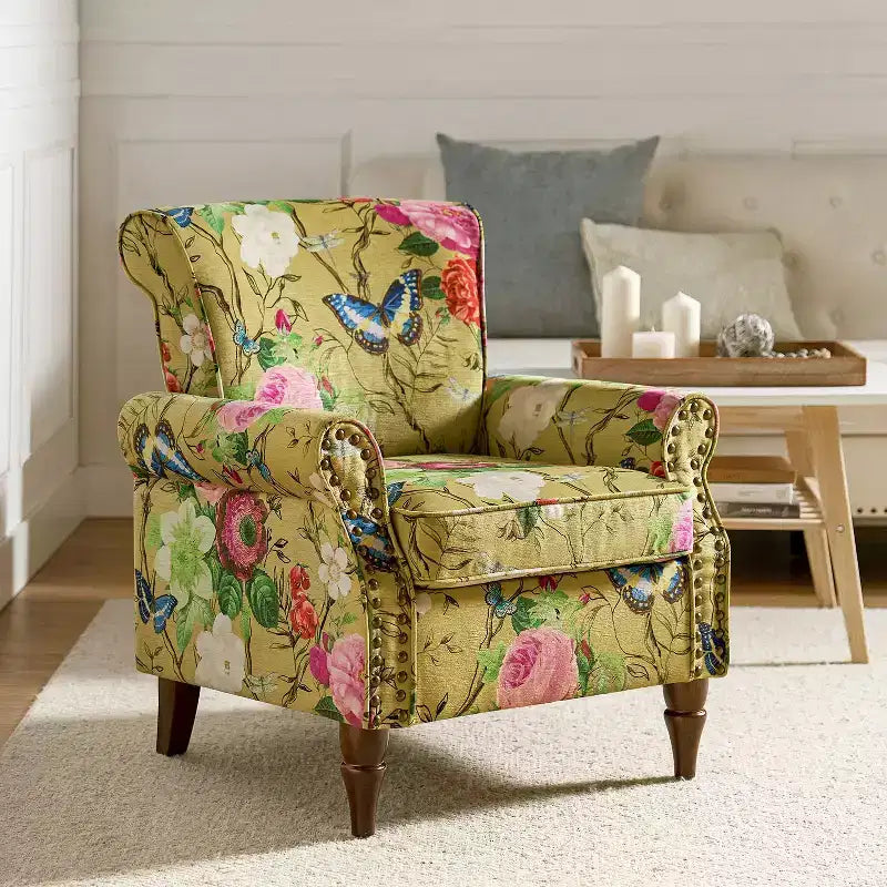Araceli Traditional Wooden Upholstered Floral Armchair with Wingback and Nailhead Trim| ART OF LIVING DESIGNS