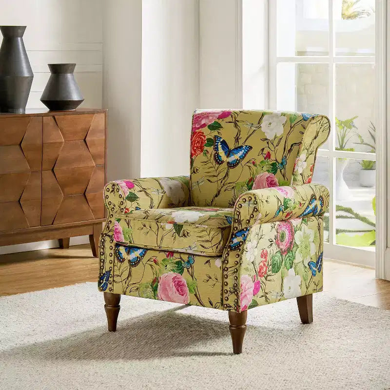 Araceli Traditional Wooden Upholstered Floral Armchair with Wingback and Nailhead Trim| ART OF LIVING DESIGNS