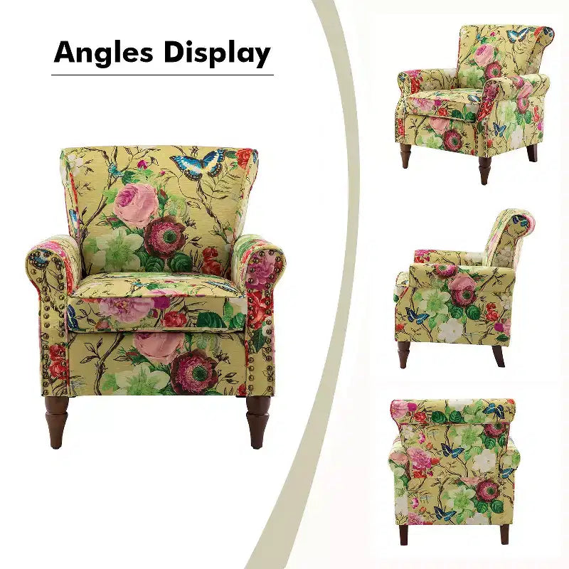 Araceli Traditional Wooden Upholstered Floral Armchair with Wingback and Nailhead Trim| ART OF LIVING DESIGNS