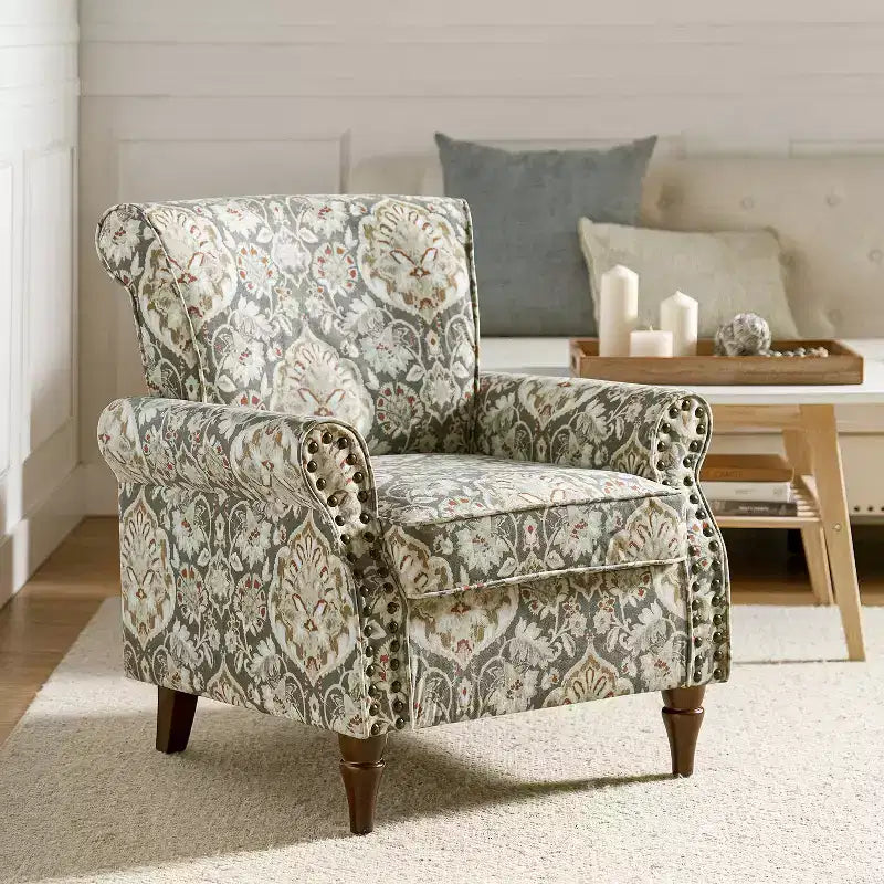 Araceli Traditional Wooden Upholstered Floral Armchair with Wingback and Nailhead Trim| ART OF LIVING DESIGNS