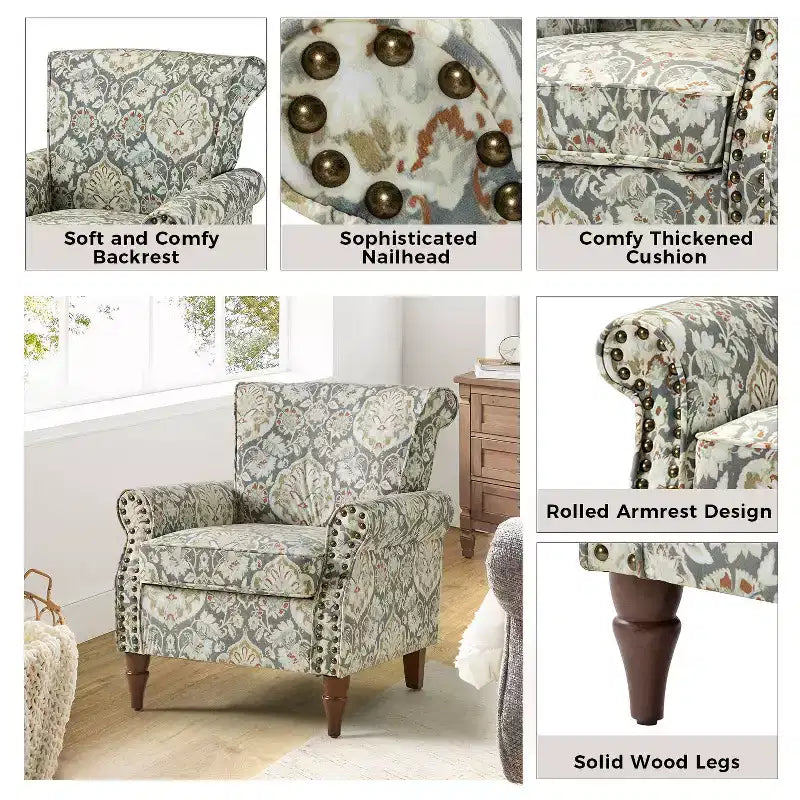 Araceli Traditional Wooden Upholstered Floral Armchair with Wingback and Nailhead Trim| ART OF LIVING DESIGNS