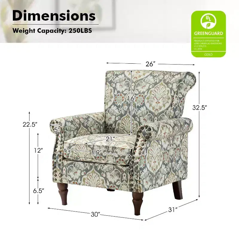 Araceli Traditional Wooden Upholstered Floral Armchair with Wingback and Nailhead Trim| ART OF LIVING DESIGNS