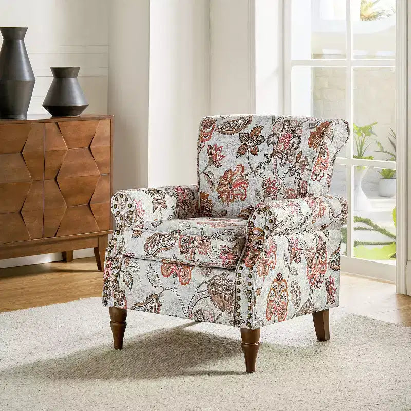 Araceli Traditional Wooden Upholstered Floral Armchair with Wingback and Nailhead Trim| ART OF LIVING DESIGNS