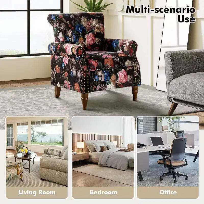 Araceli Traditional Wooden Upholstered Floral Armchair with Wingback and Nailhead Trim| ART OF LIVING DESIGNS