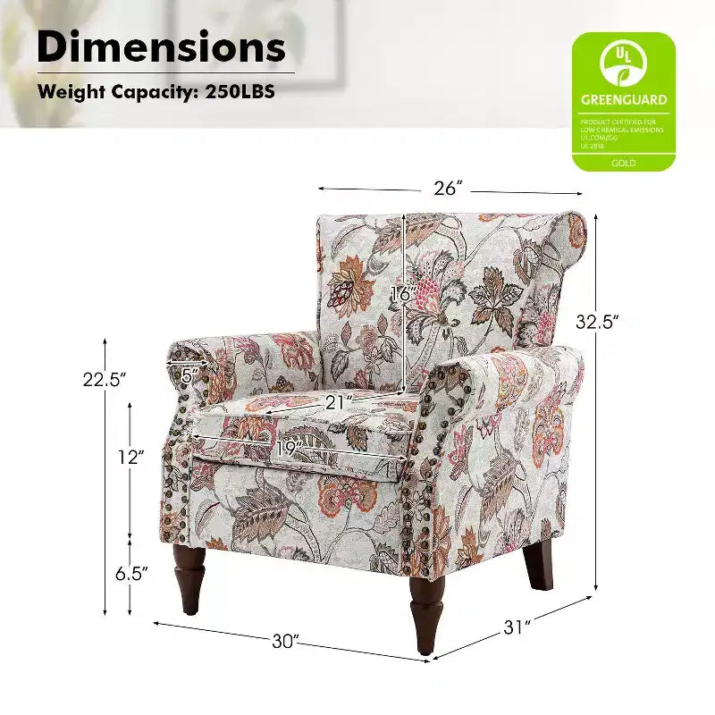 Araceli Traditional Wooden Upholstered Floral Armchair with Wingback and Nailhead Trim| ART OF LIVING DESIGNS