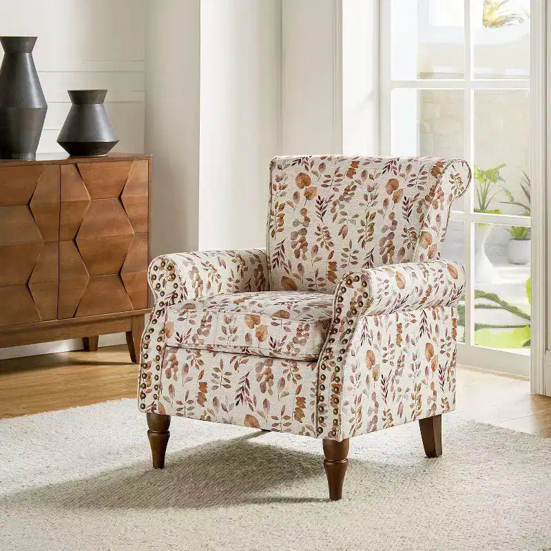 Araceli Traditional Wooden Upholstered Floral Armchair with Wingback and Nailhead Trim| ART OF LIVING DESIGNS