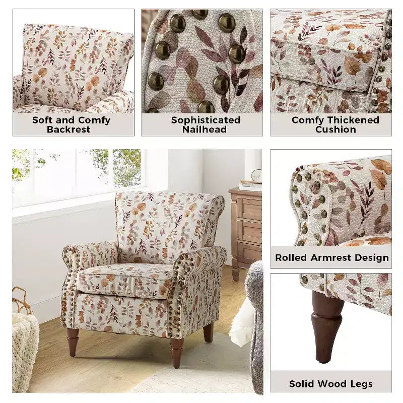 Araceli Traditional Wooden Upholstered Floral Armchair with Wingback and Nailhead Trim| ART OF LIVING DESIGNS