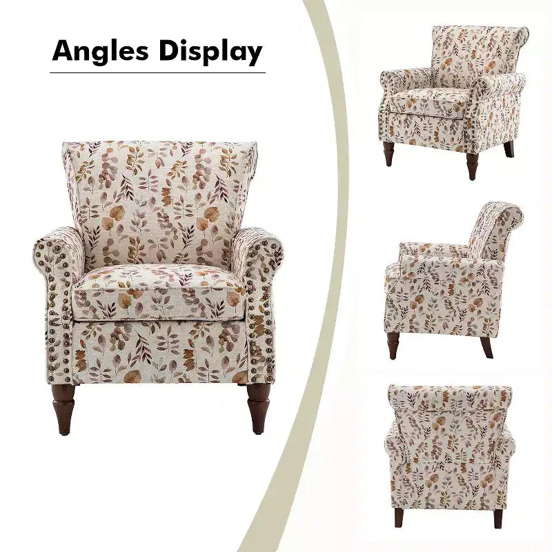 Araceli Traditional Wooden Upholstered Floral Armchair with Wingback and Nailhead Trim| ART OF LIVING DESIGNS