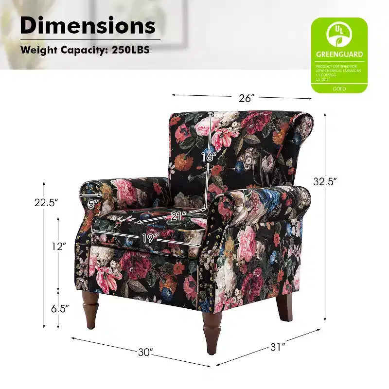 Araceli Traditional Wooden Upholstered Floral Armchair with Wingback and Nailhead Trim| ART OF LIVING DESIGNS