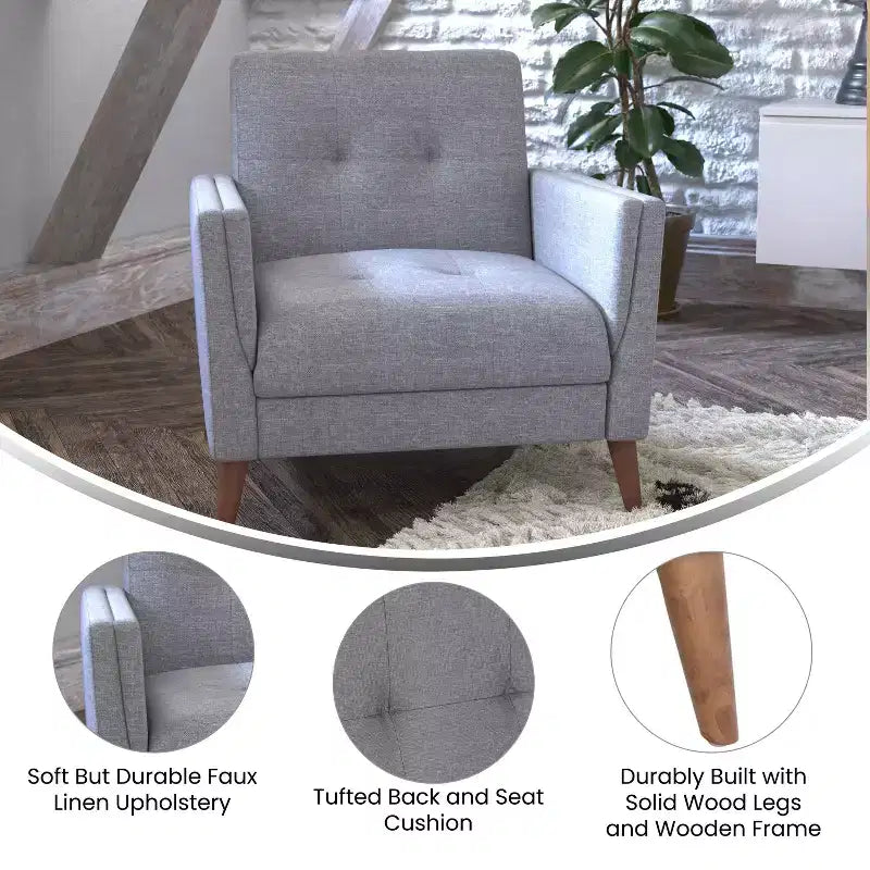 Fauteuil Merrick Lane de style moderne du milieu du siècle avec revêtement en faux lin capitonné et pieds en bois massif