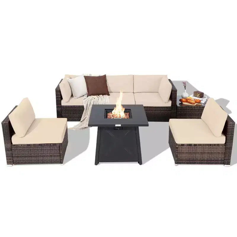 Costway Ensemble de Meubles de Jardin en Rotin 7 Pièces avec Housse de Table Foyer et Coussins Blanc Cassé/Noir/Bleu Marine/Rouge/Turquoise