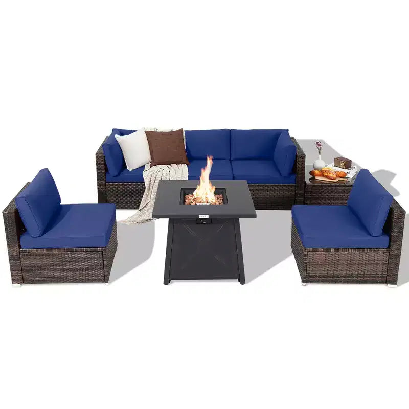 Costway Ensemble de Meubles de Jardin en Rotin 7 Pièces avec Housse de Table Foyer et Coussins Blanc Cassé/Noir/Bleu Marine/Rouge/Turquoise