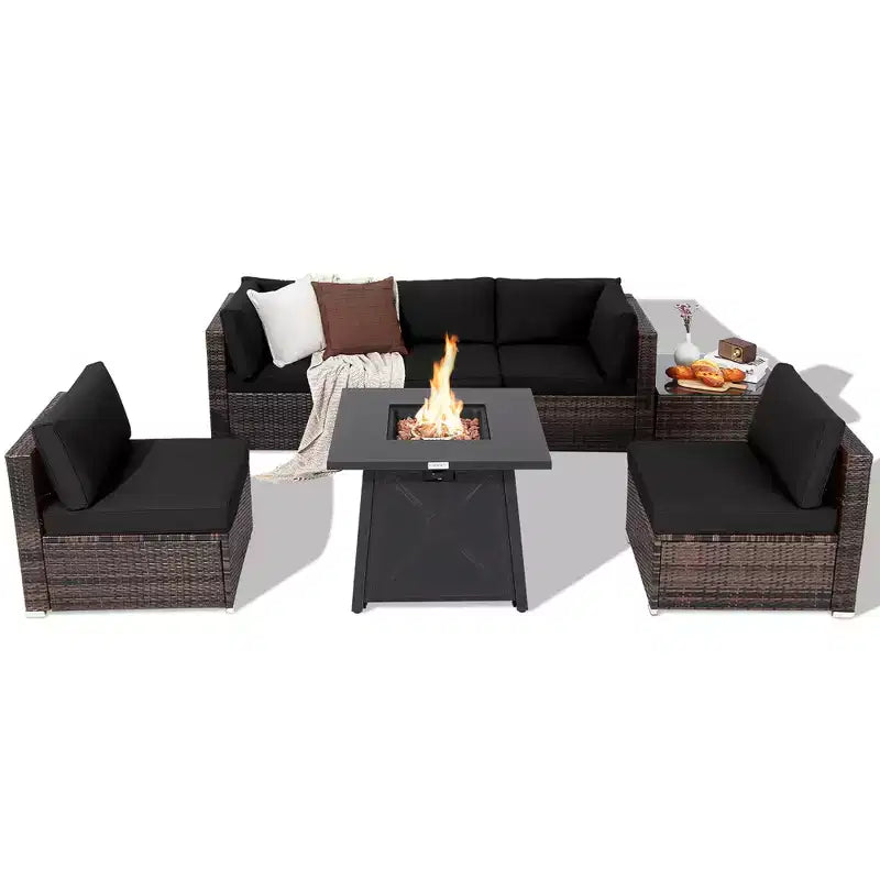 Costway Ensemble de Meubles de Jardin en Rotin 7 Pièces avec Housse de Table Foyer et Coussins Blanc Cassé/Noir/Bleu Marine/Rouge/Turquoise