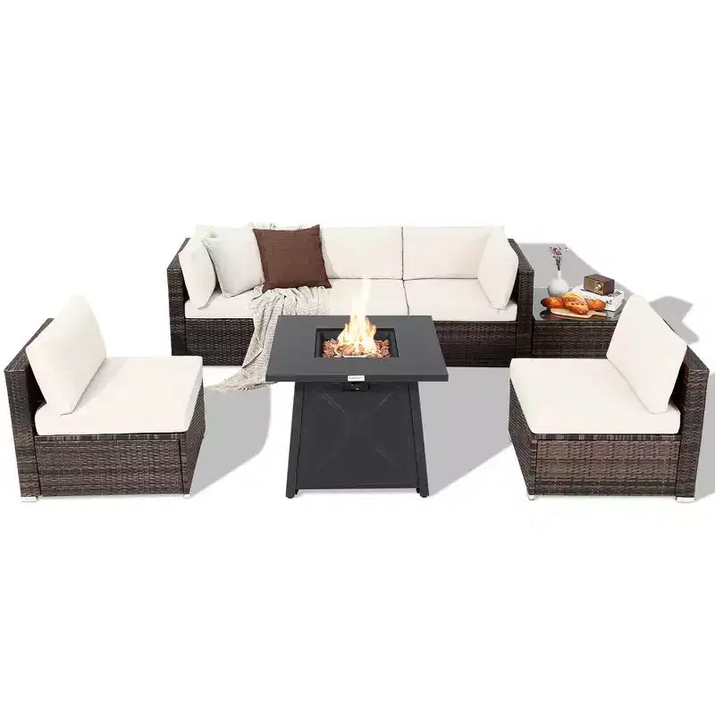 Costway Ensemble de Meubles de Jardin en Rotin 7 Pièces avec Housse de Table Foyer et Coussins Blanc Cassé/Noir/Bleu Marine/Rouge/Turquoise