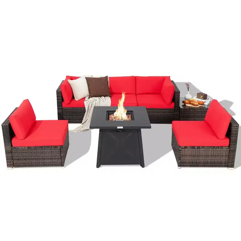 Costway Ensemble de Meubles de Jardin en Rotin 7 Pièces avec Housse de Table Foyer et Coussins Blanc Cassé/Noir/Bleu Marine/Rouge/Turquoise