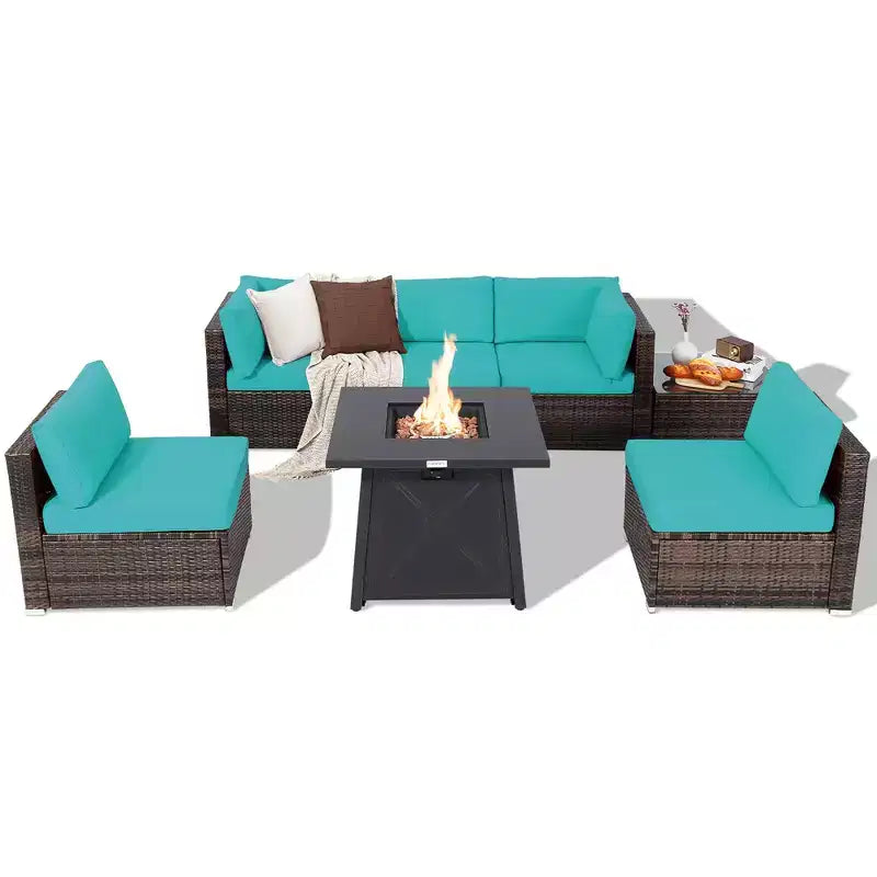 Costway Ensemble de Meubles de Jardin en Rotin 7 Pièces avec Housse de Table Foyer et Coussins Blanc Cassé/Noir/Bleu Marine/Rouge/Turquoise